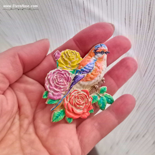 Blossom Songbird – Handcrafted Ceramic Brooch - Elven Rose