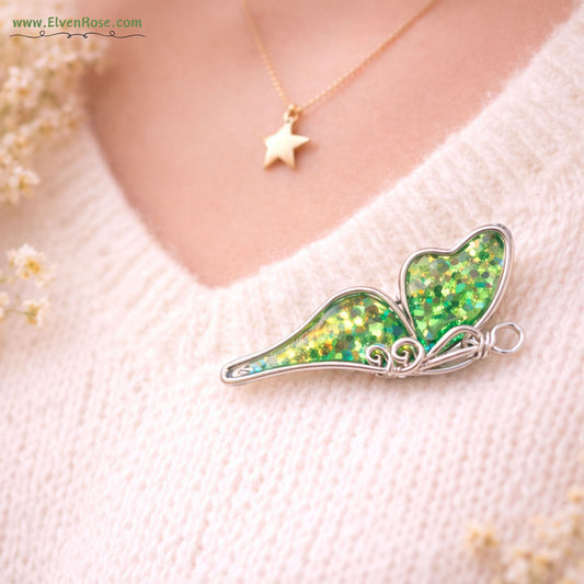 Butterfly of Transformation Brooch – Handmade Silver - Plated Wire & Resin Pin - Elven Rose