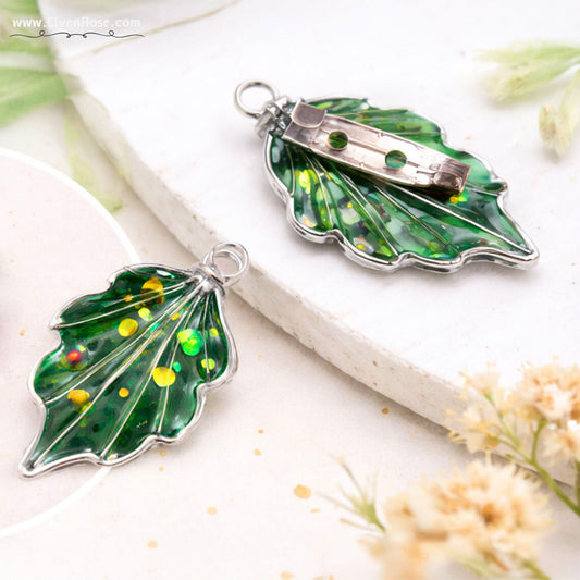 Enchanted Forest Leaf Brooch – Handmade Resin & Crystal Pin - Elven Rose