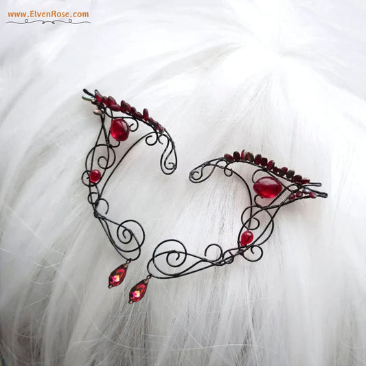"Fiery Black Elf Ears" Gothic Fantasy Elf Earrings - Elven Rose