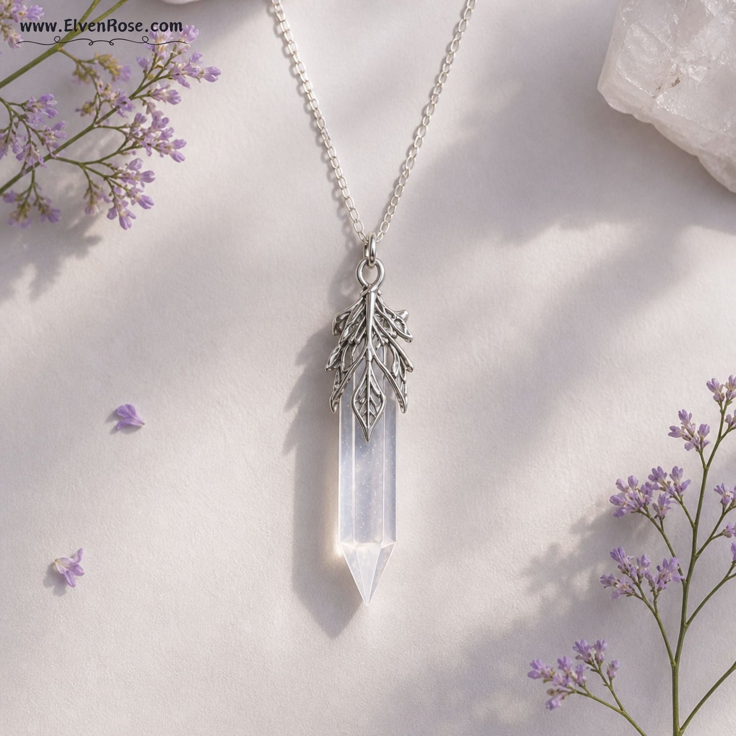 Selenite Crystal Pendant Necklace - Elven Rose