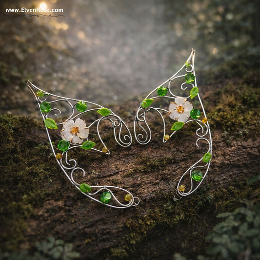 "Spring Blossom Elf Ear Cuffs" Handcrafted Elven Earrings with Flowers & Crystals - Elven Rose
