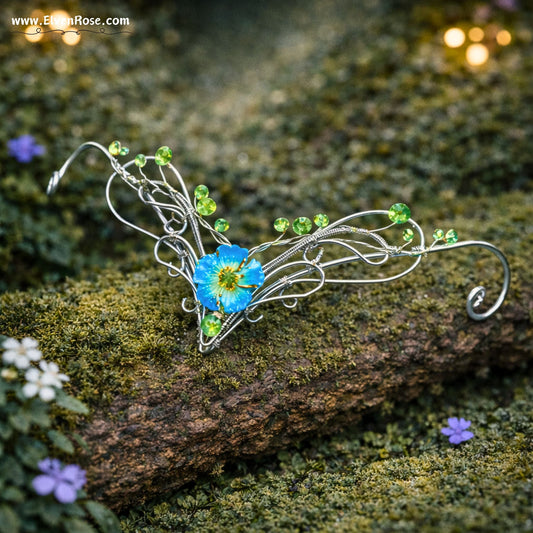 Sylvaria Bloom – Elven Silver Tiara with Blue Flower - Elven Rose