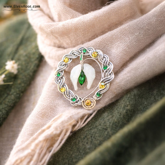 Verdant Grove Mărțișor Brooch – Enchanted Silver - Plated Wreath with Crystals - Elven Rose