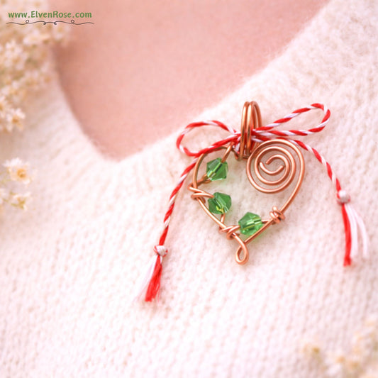 Verdant Heart Mărțișor Pendant – Handmade Copper Wire & Crystal Talisman - Elven Rose