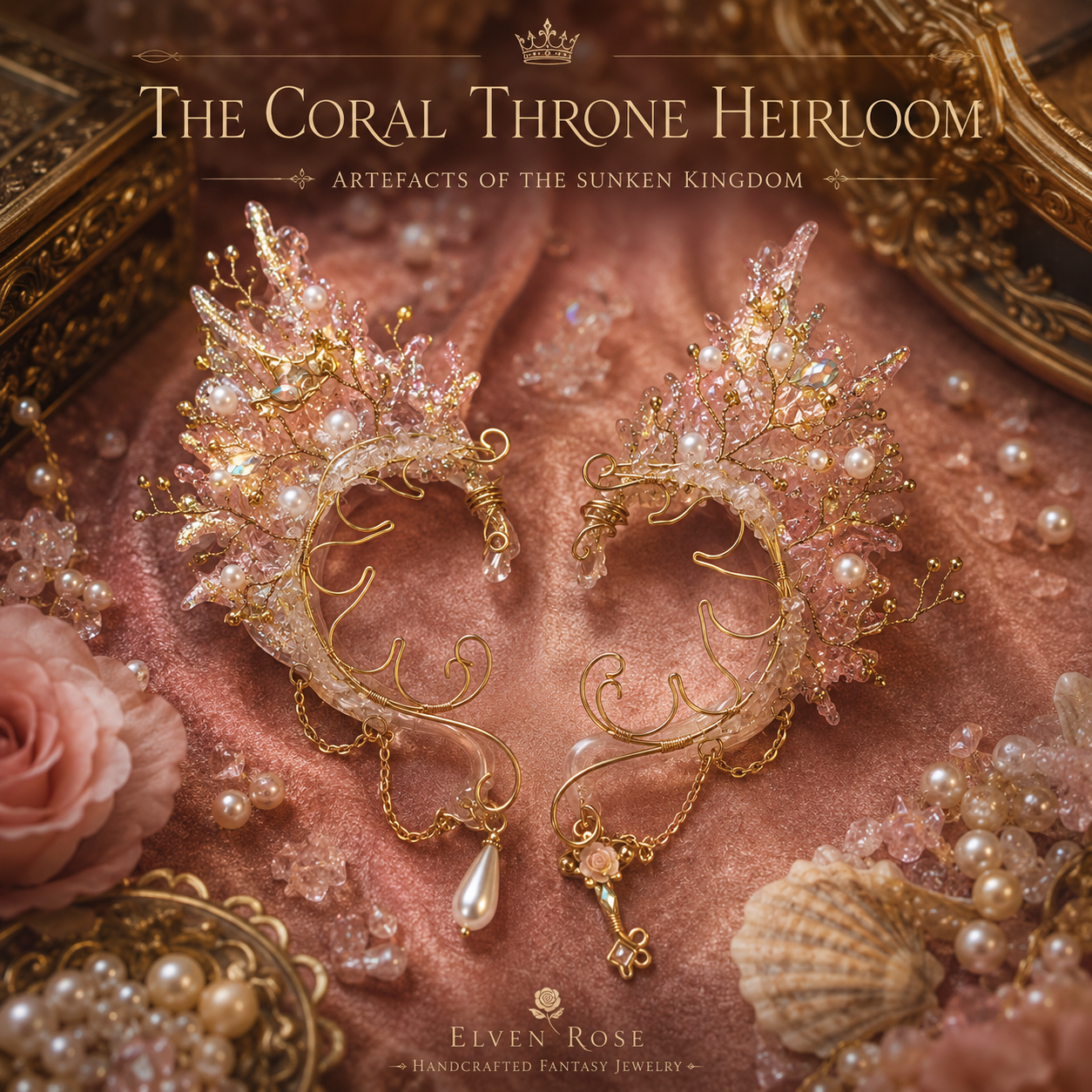 Coral Throne Heirloom Ear Cuffs – Royal Fantasy Ear Jewelry with Pearls & Rose Quartz