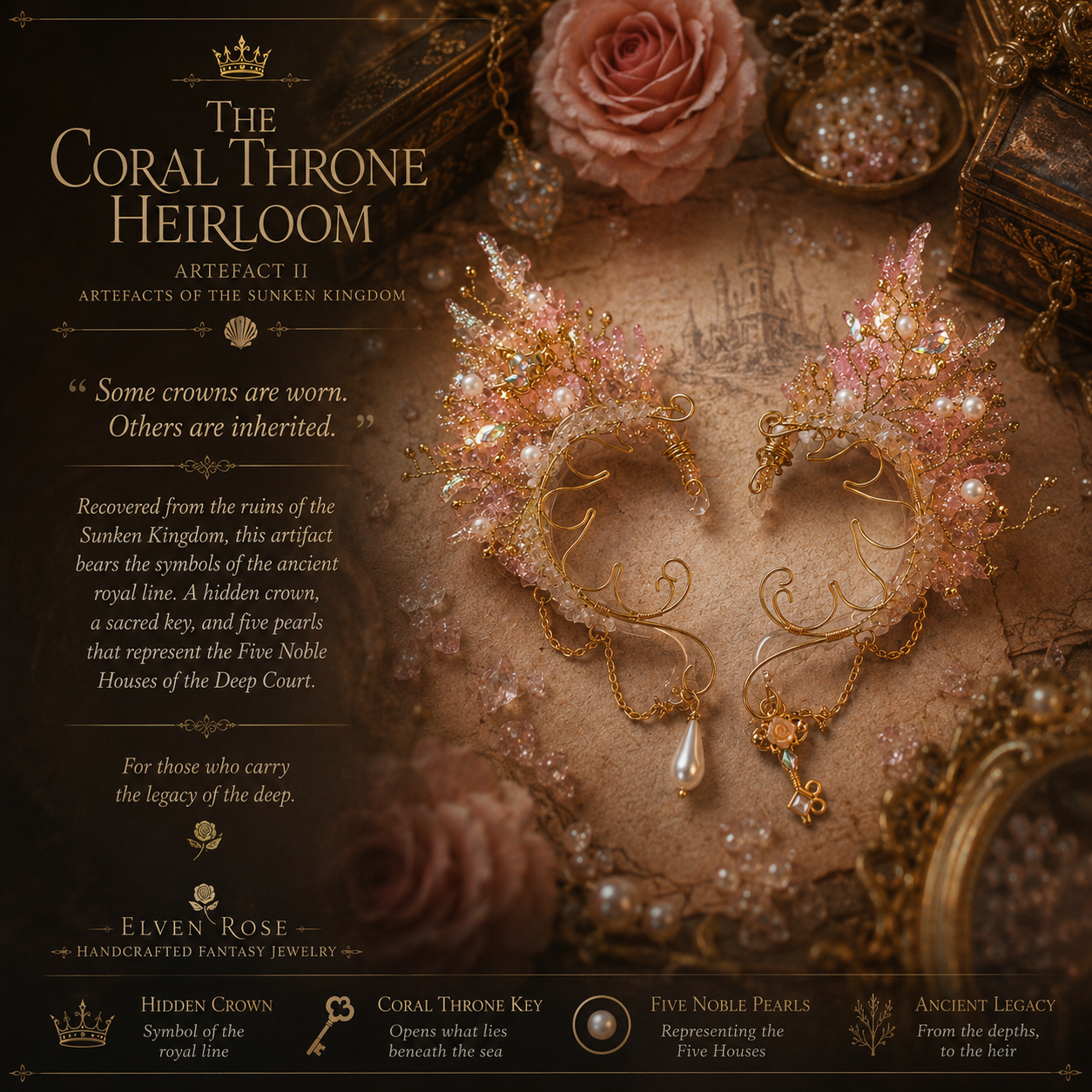 Coral Throne Heirloom Ear Cuffs – Royal Fantasy Ear Jewelry with Pearls & Rose Quartz