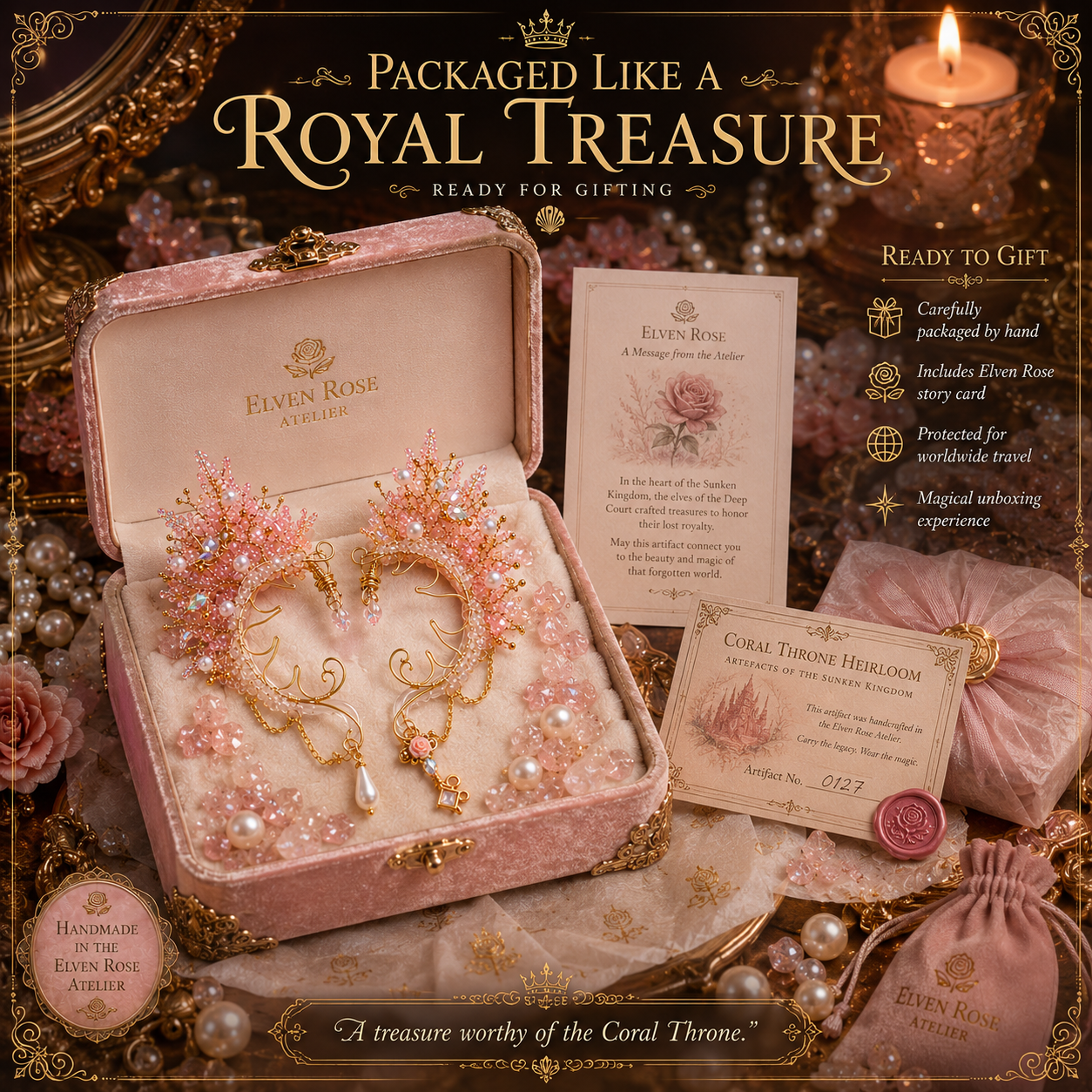 Coral Throne Heirloom Ear Cuffs – Royal Fantasy Ear Jewelry with Pearls & Rose Quartz