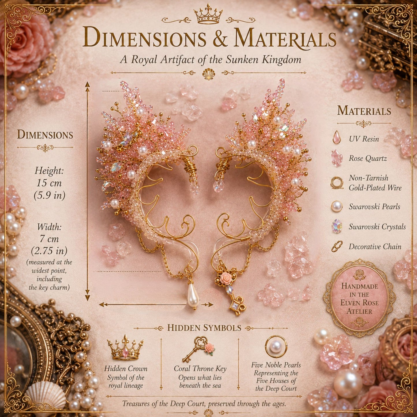 Coral Throne Heirloom Ear Cuffs – Royal Fantasy Ear Jewelry with Pearls & Rose Quartz