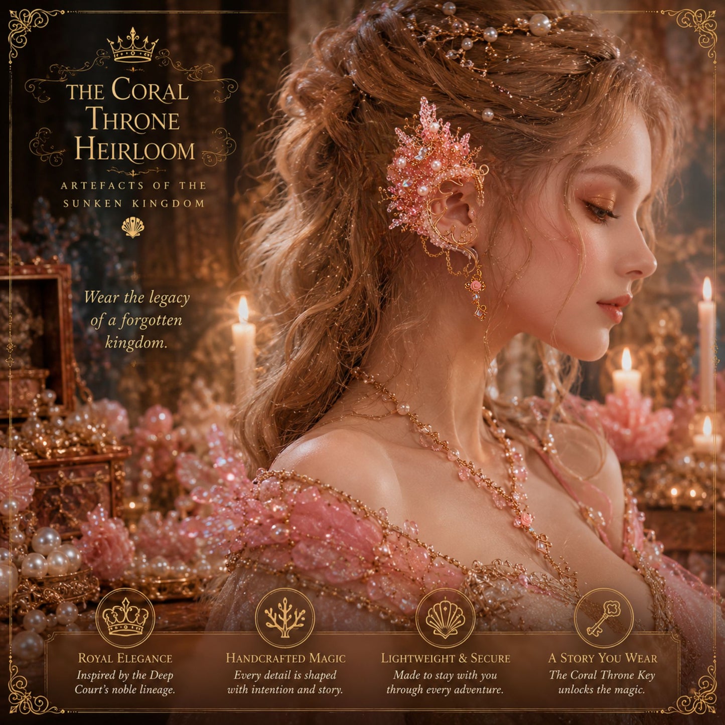 Coral Throne Heirloom Ear Cuffs – Royal Fantasy Ear Jewelry with Pearls & Rose Quartz