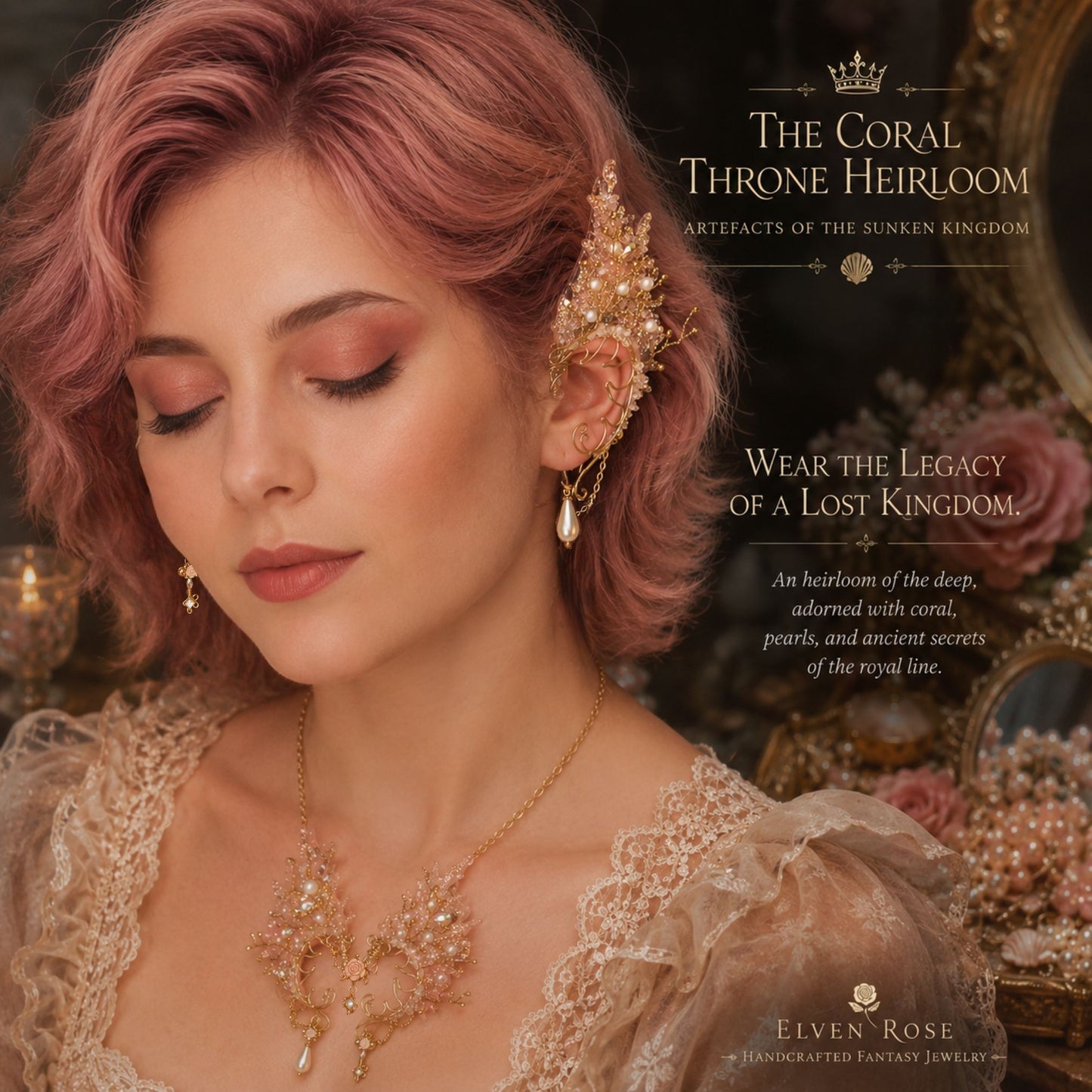 Coral Throne Heirloom Ear Cuffs – Royal Fantasy Ear Jewelry with Pearls & Rose Quartz