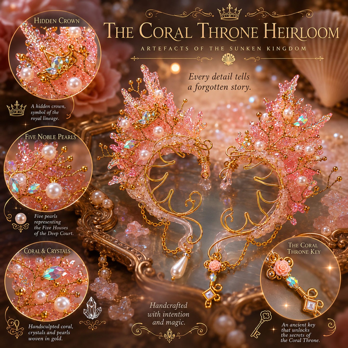 Coral Throne Heirloom Ear Cuffs – Royal Fantasy Ear Jewelry with Pearls & Rose Quartz
