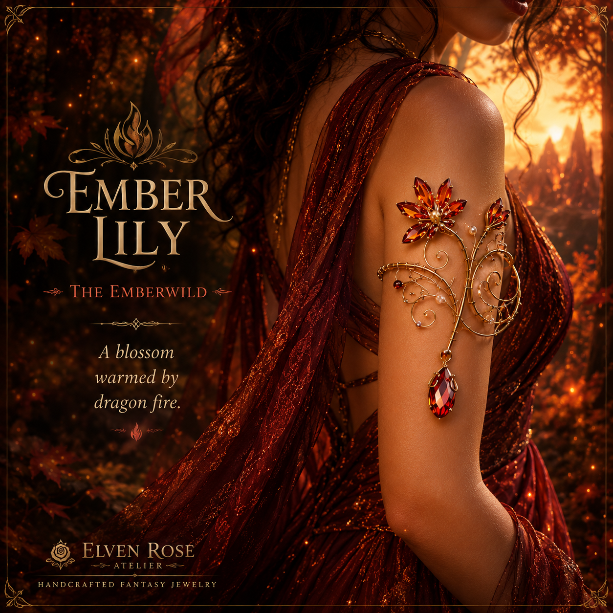 Ember Lily fantasy upper arm cuff handcrafted with Swarovski crystals.