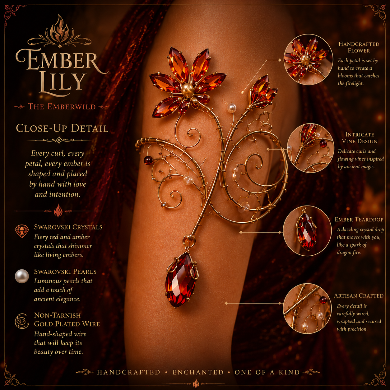 Gold floral arm cuff inspired by dragon fire and the Emberwild.