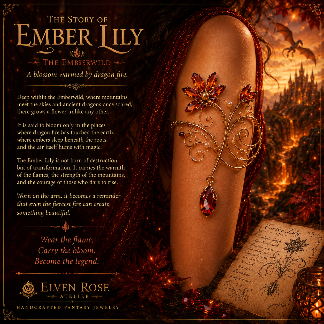 A fantasy-themed jewelry advertisement for Elven Rose Atelier featuring a woman's bare arm wearing an ornate amber and red gemstone floral armlet with a dangling teardrop pendant. The background is dark and fiery with text reading 'The Story of Ember Lily' and 'The Emberwild', alongside a castle, dragon imagery, and an open book.