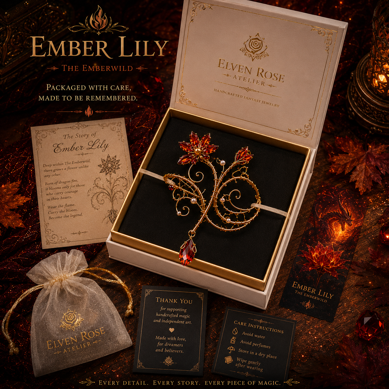 Luxury gift packaging for the Ember Lily arm cuff.