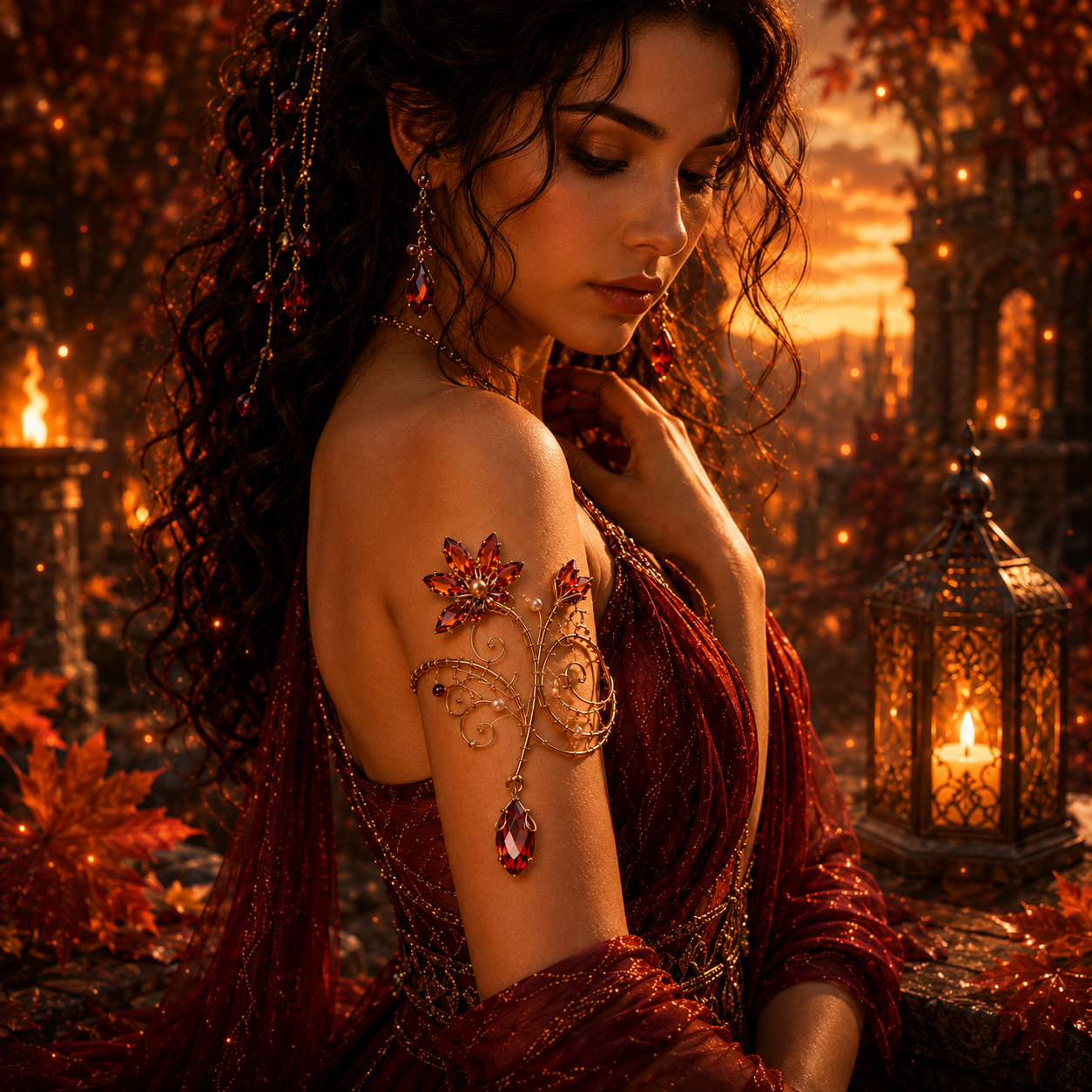 A woman in a flowing deep red dress with ornate gold and red jewelry, seated in a warm, lantern-lit fantasy setting with autumn foliage.