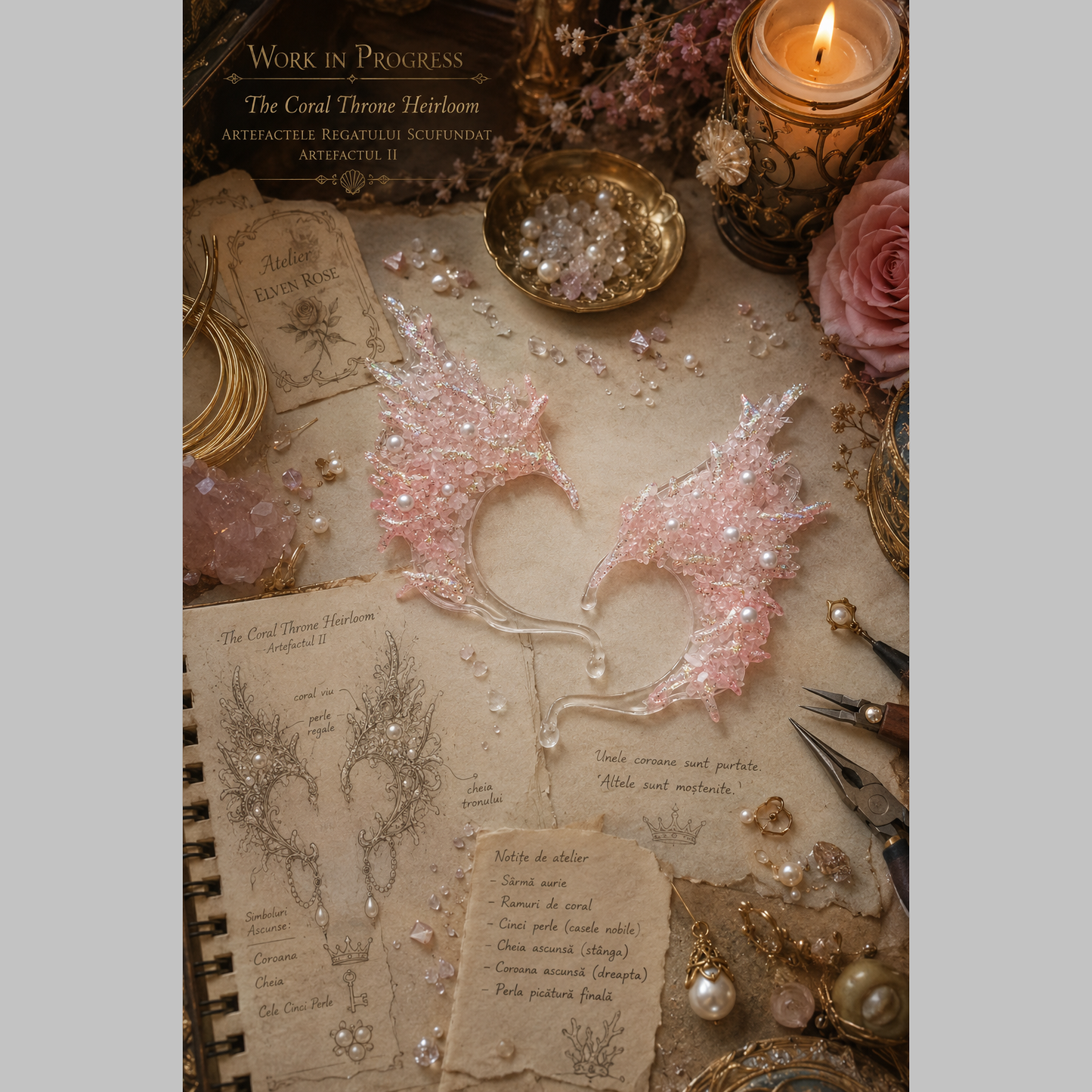 Coral Throne Heirloom Ear Cuffs – Royal Fantasy Ear Jewelry with Pearls & Rose Quartz