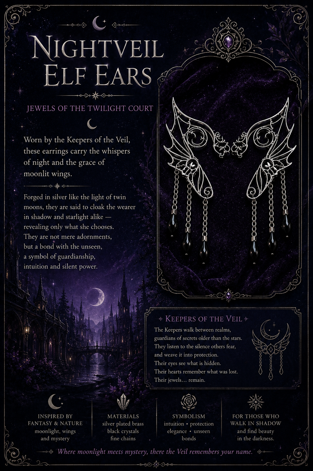 Nightveil Elf Ears – Silver Elven Ear Cuffs with Black Crystals