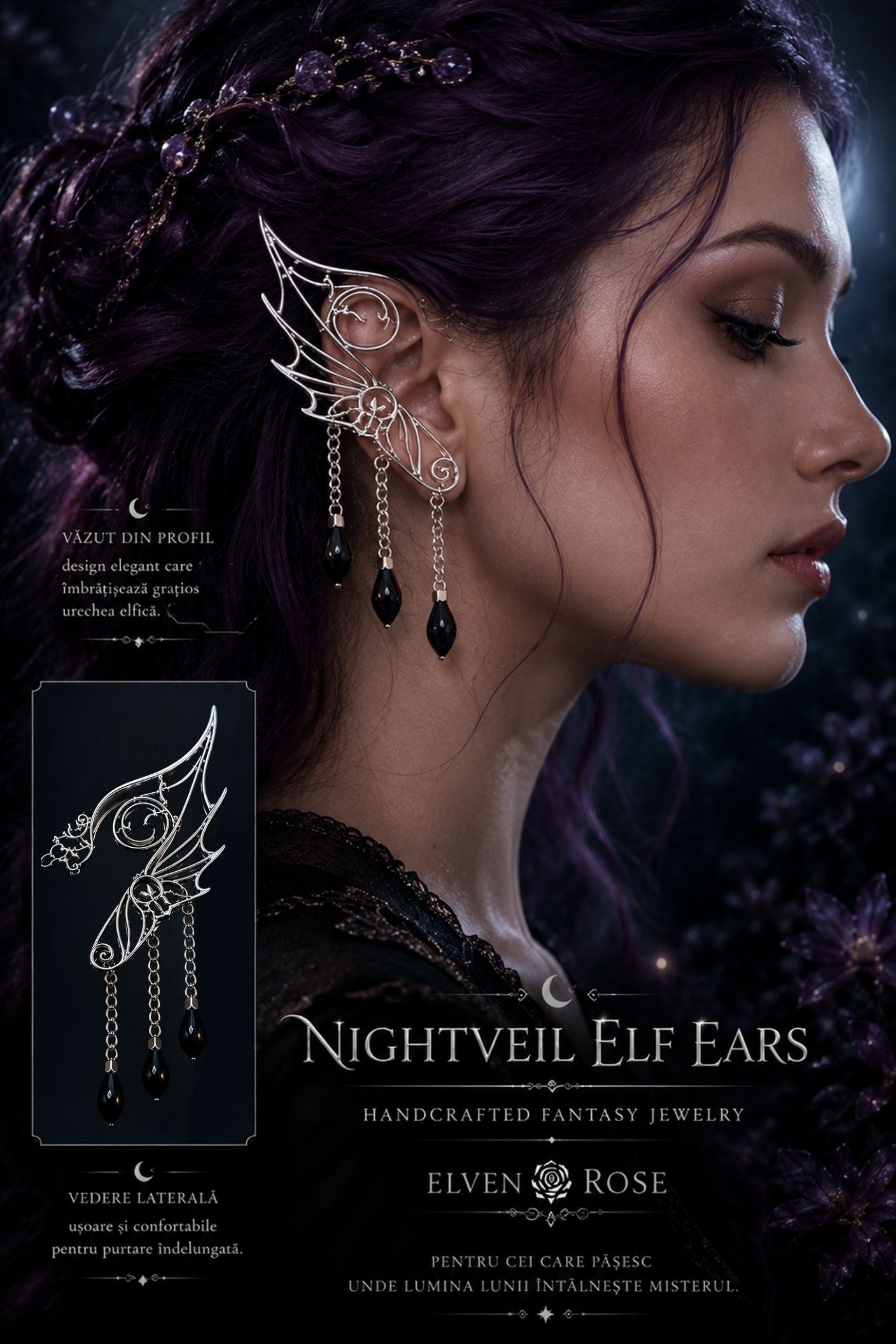 Nightveil Elf Ears – Silver Elven Ear Cuffs with Black Crystals