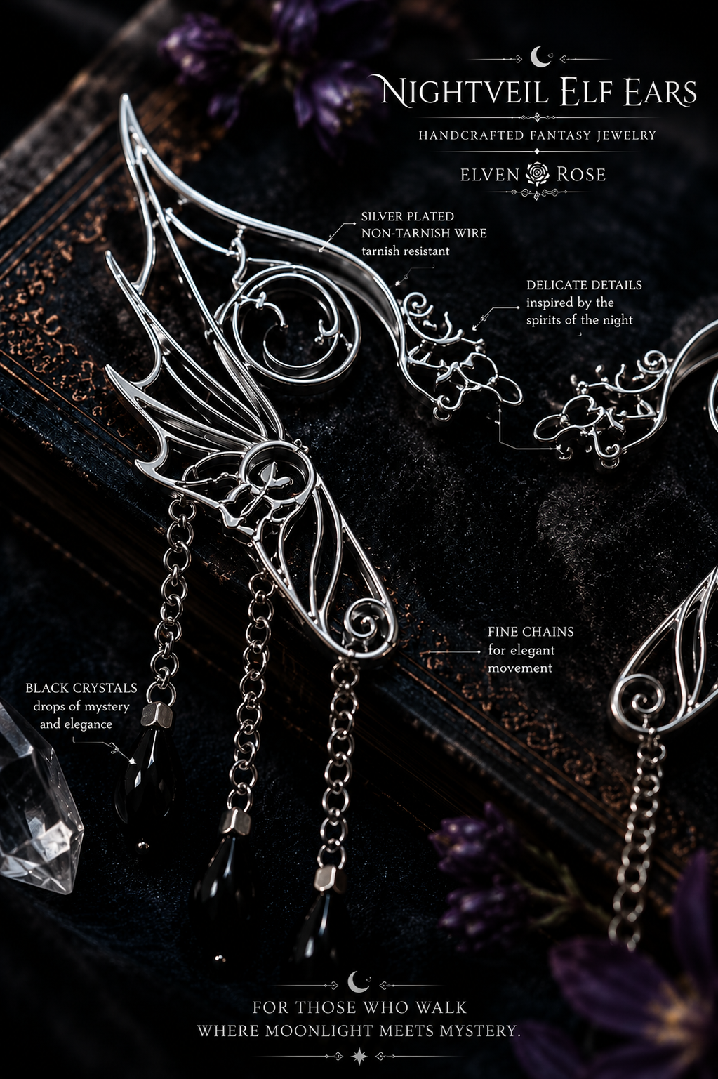 Nightveil Elf Ears – Silver Elven Ear Cuffs with Black Crystals
