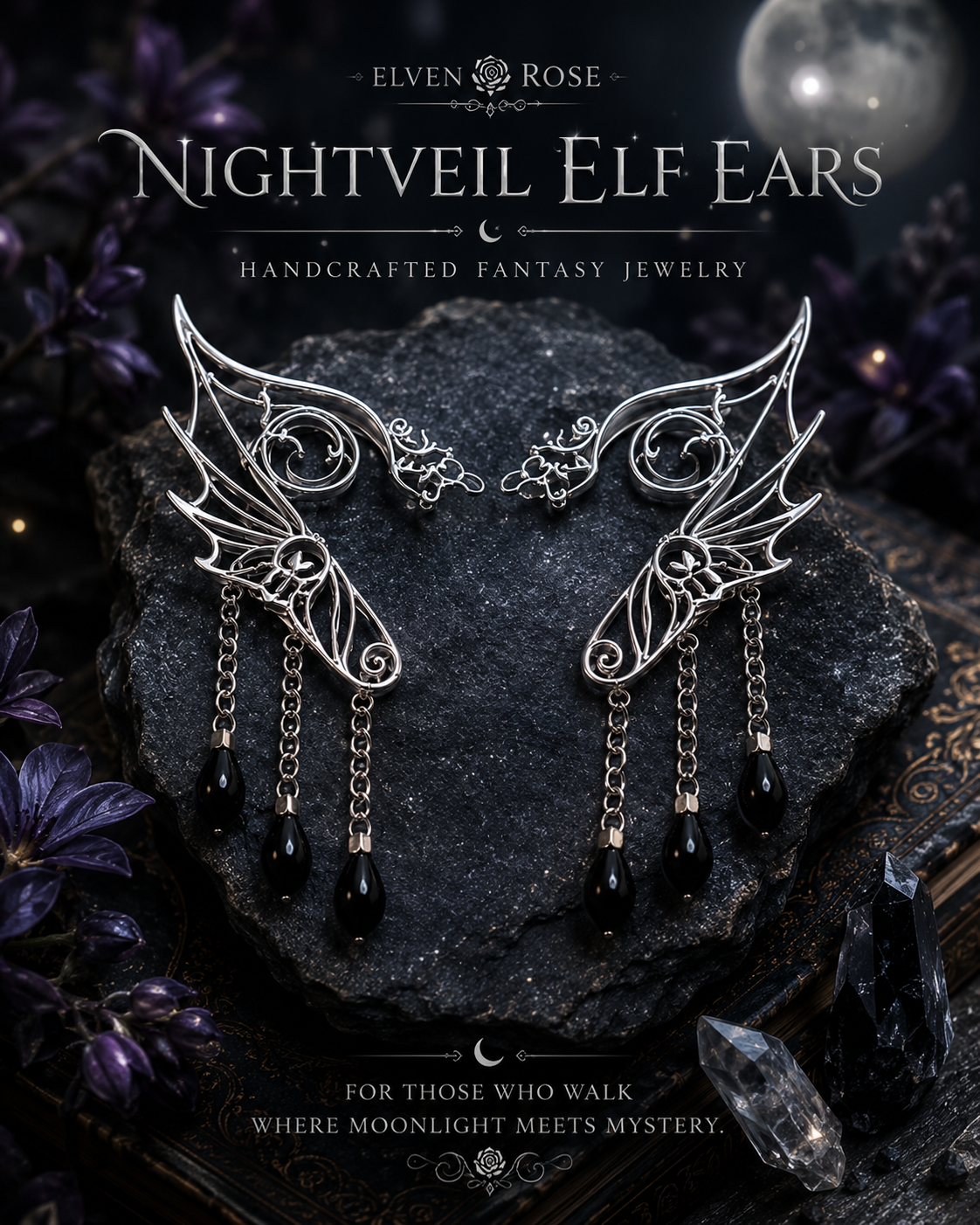 Nightveil Elf Ears – Silver Elven Ear Cuffs with Black Crystals