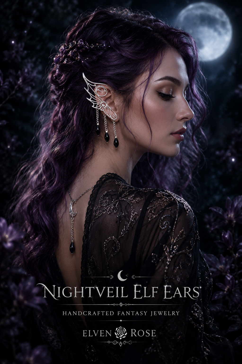 Nightveil Elf Ears – Silver Elven Ear Cuffs with Black Crystals