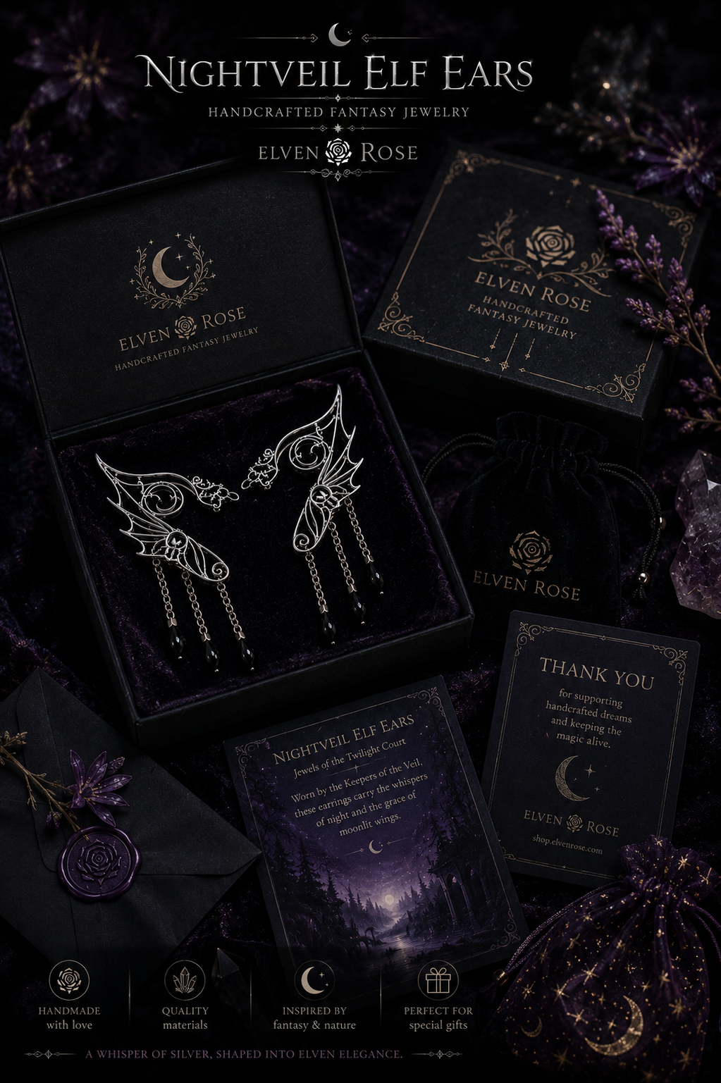 Nightveil Elf Ears – Silver Elven Ear Cuffs with Black Crystals
