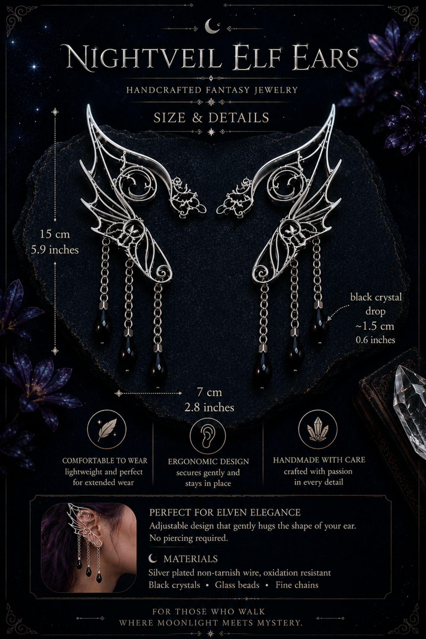 Nightveil Elf Ears – Silver Elven Ear Cuffs with Black Crystals