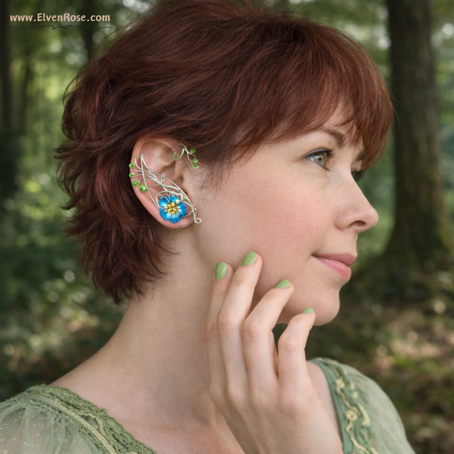 Sylvaria Bloom – Elven Ear Wrap Pair with Blue Flower - Elven Rose
